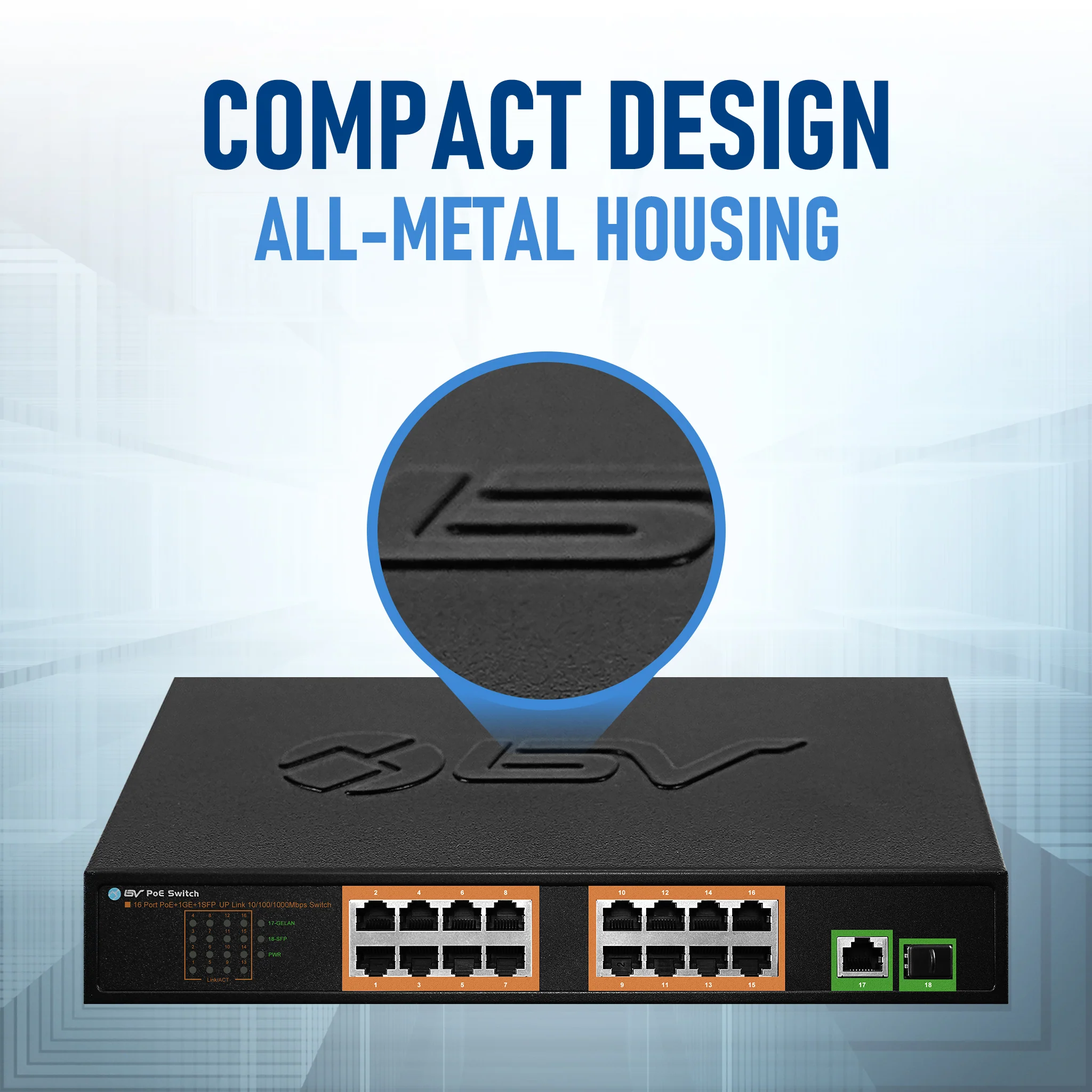 BV-Tech 16-Port Gigabit PoE+ Switch with 1 SFP Uplink - High Power 150W, IEEE 802.3af/at | POE-SW1611G - Image 3